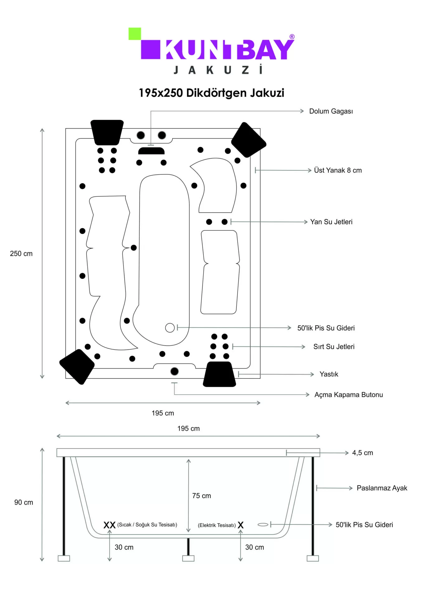 4 Kişilik Spa Jakuzi 195 × 250 H90