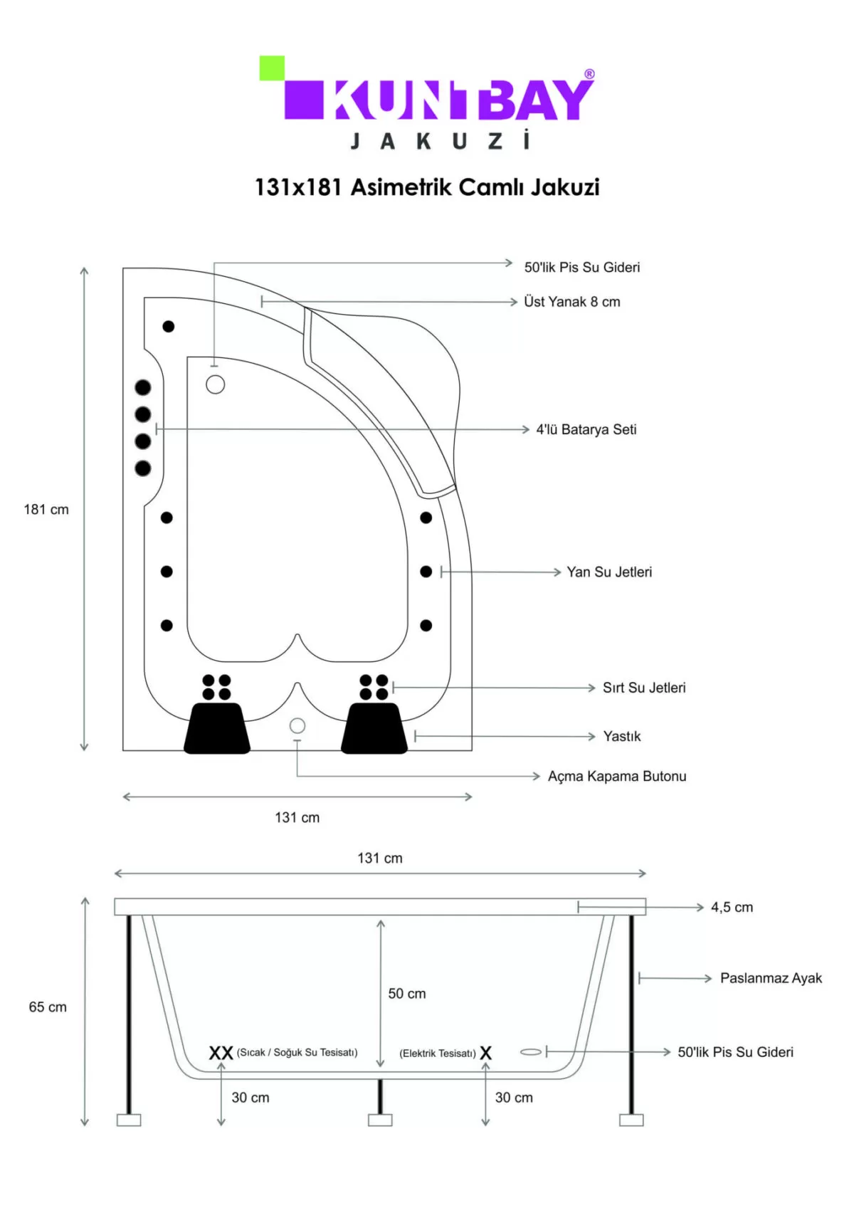 Asimetrik Camlı Jakuzi 131 x 181 H 65