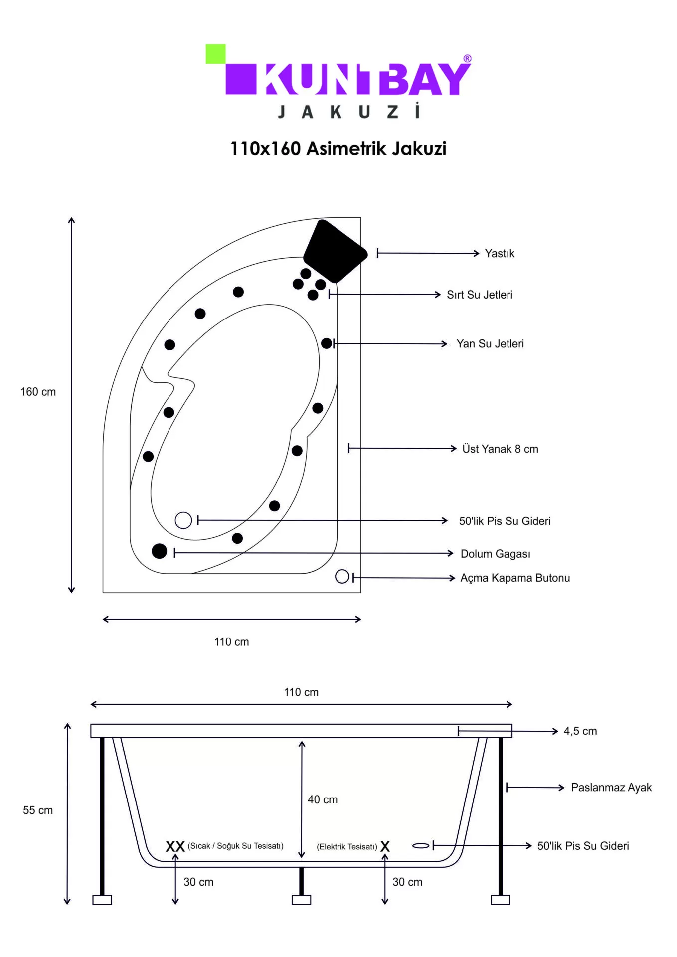 Asimetrik Jakuzi 110 x 160 H 55