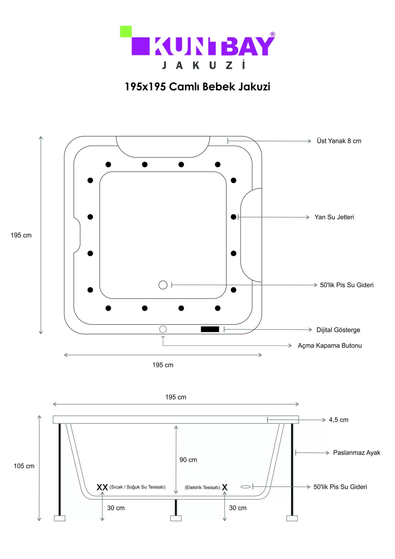 Bebek Jakuzi Spa Camlı 195 x 195 H 105