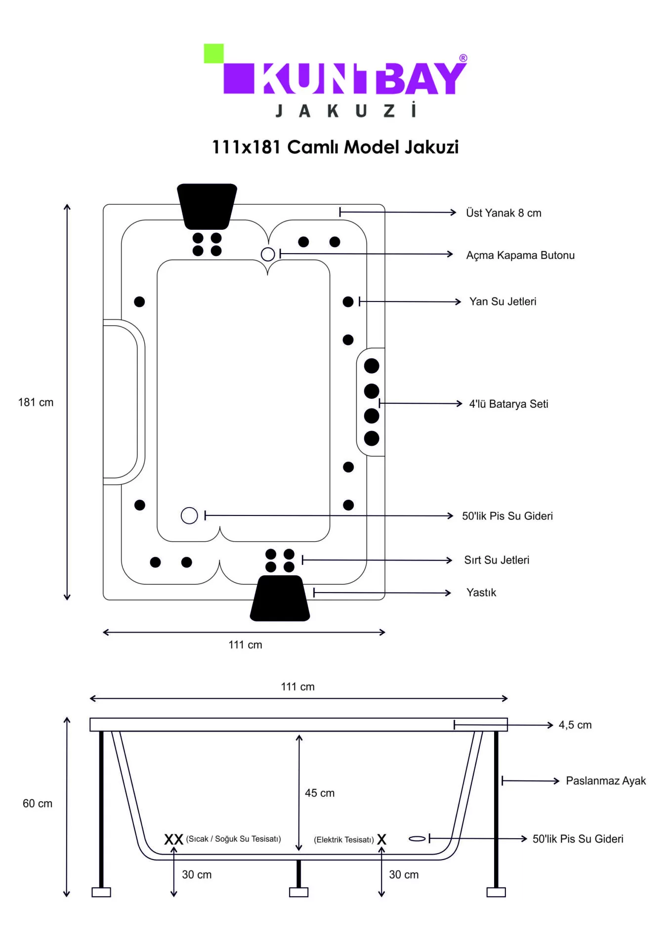 Dikdörtgen Camlı Jakuzi 111 x 181 H 60