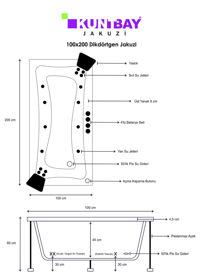 Dikdörtgen Jakuzi 100 x 200 H 60