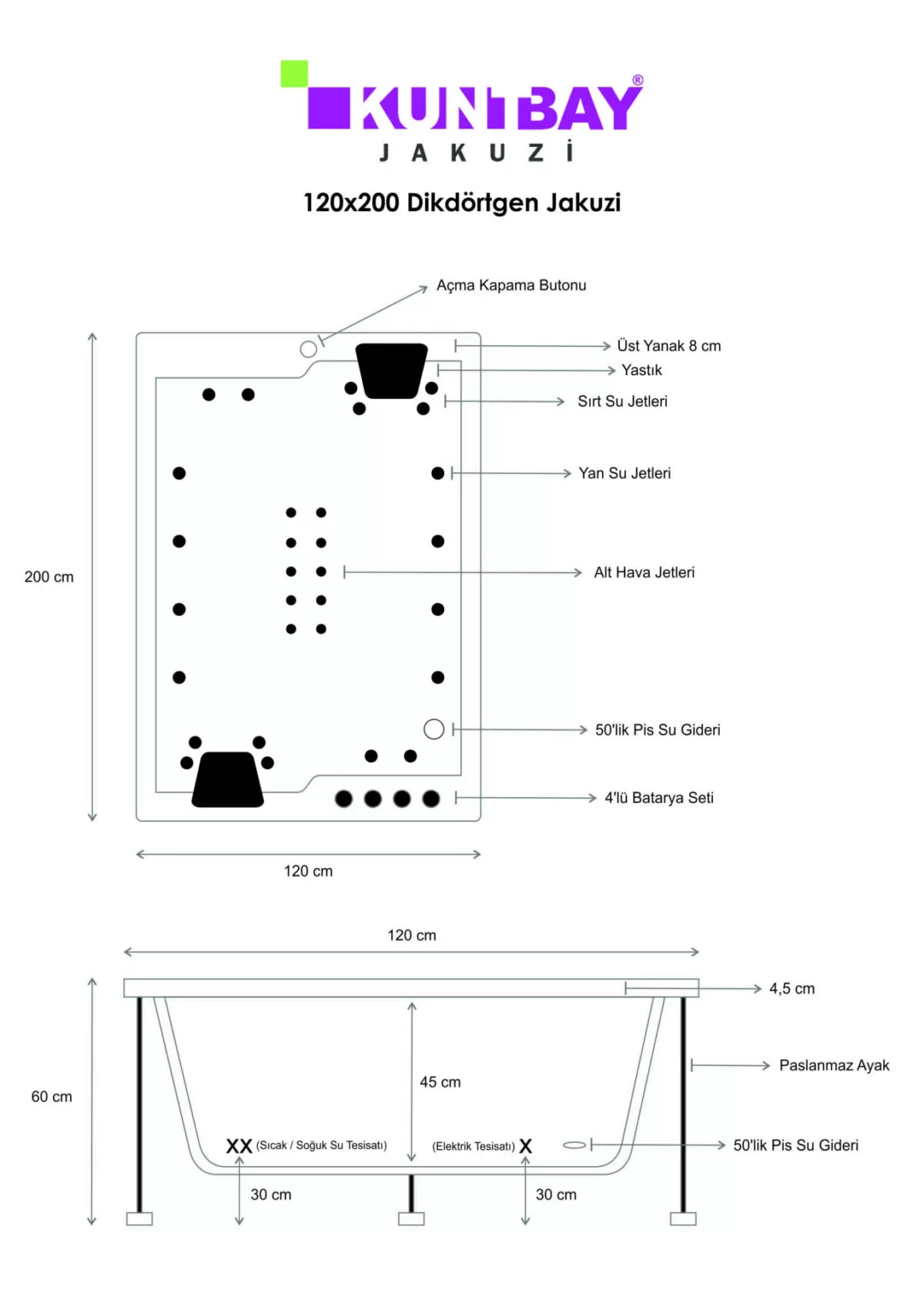 Dikdörtgen Jakuzi 120 x 200 H 60