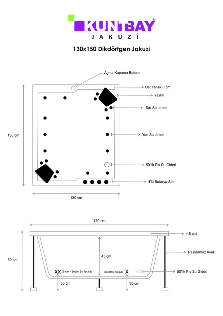 Dikdörtgen Jakuzi 130 x 150 H 60