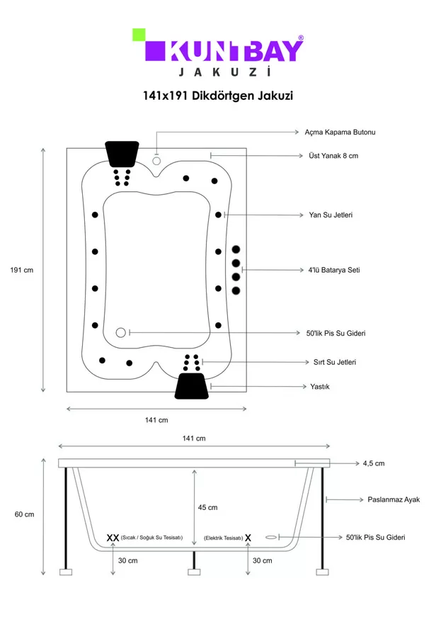 Dikdörtgen Jakuzi 141 × 191 H 60