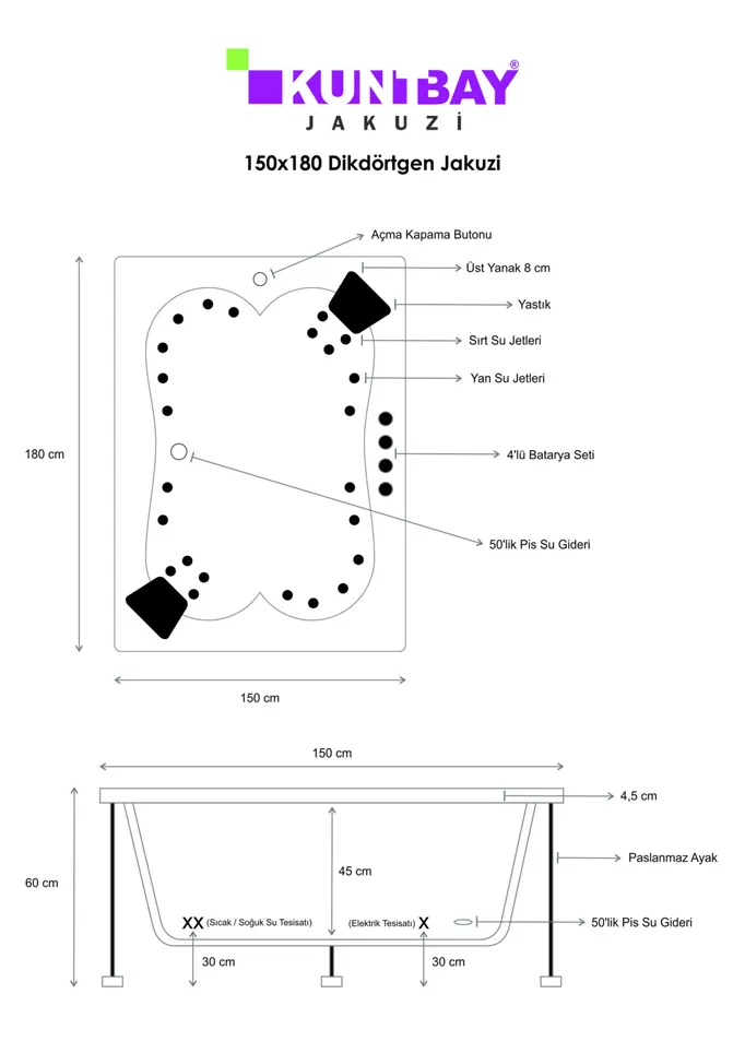 Dikdörtgen Jakuzi 150 x 180 H 60