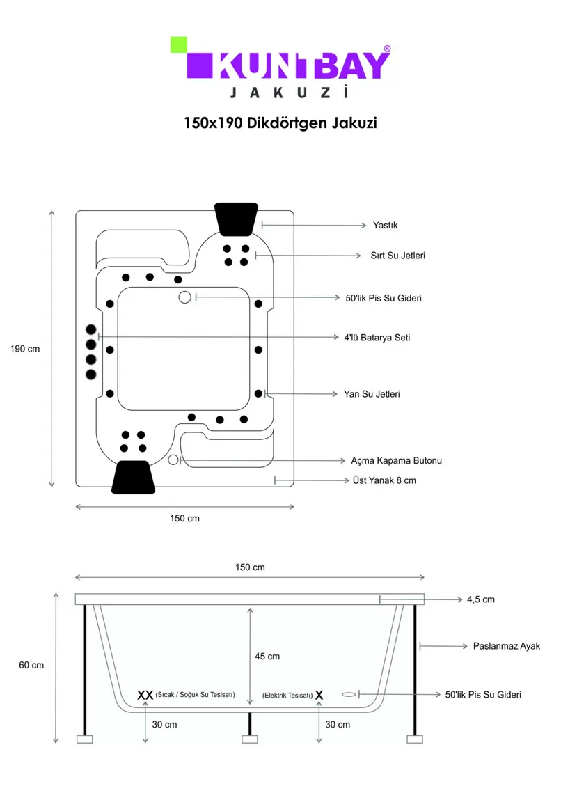 Jakuzi Çift Kişilik 150 × 190 H 60