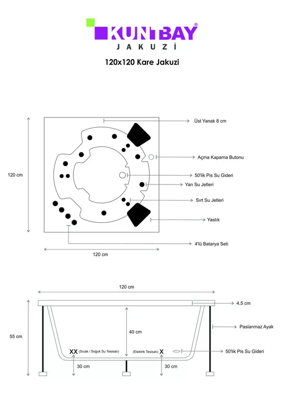 Kare Jakuzi 120 x 120 H 55