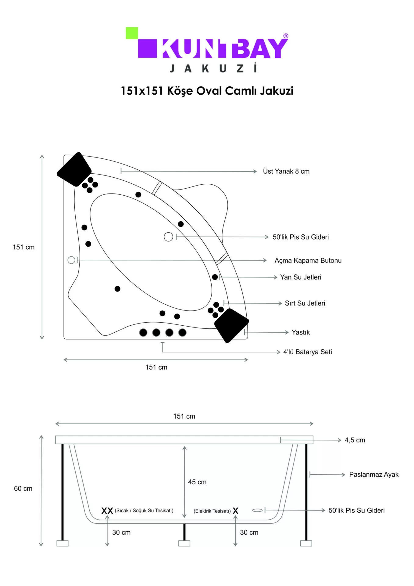 Köşe Oval Camlı Jakuzi 151 x 151 H 65