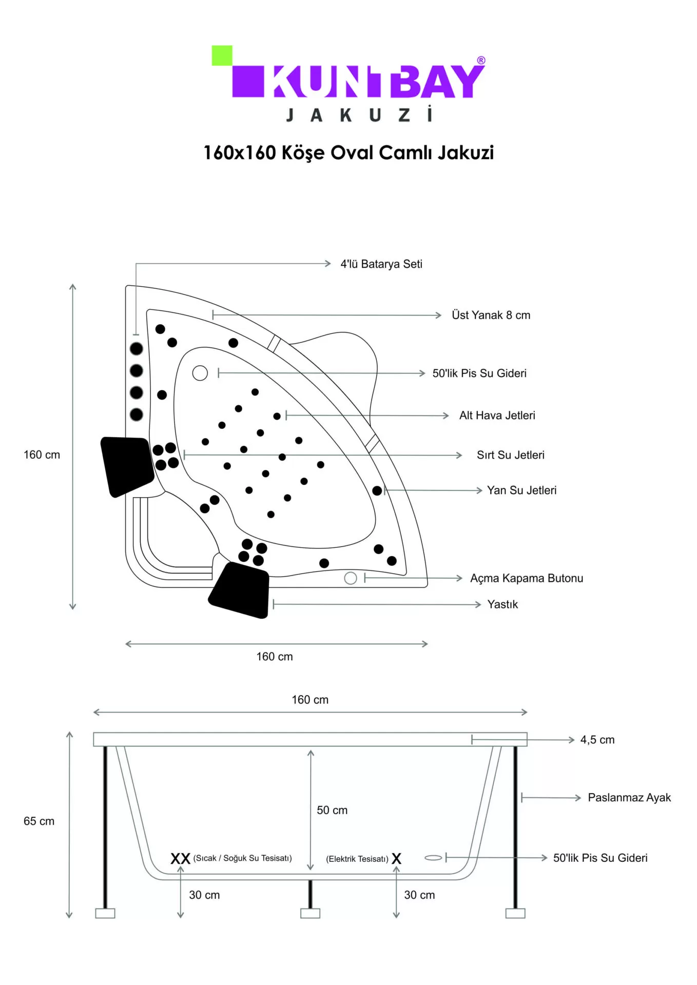 Köşe Oval Camlı Jakuzi 160 x 160 H 65