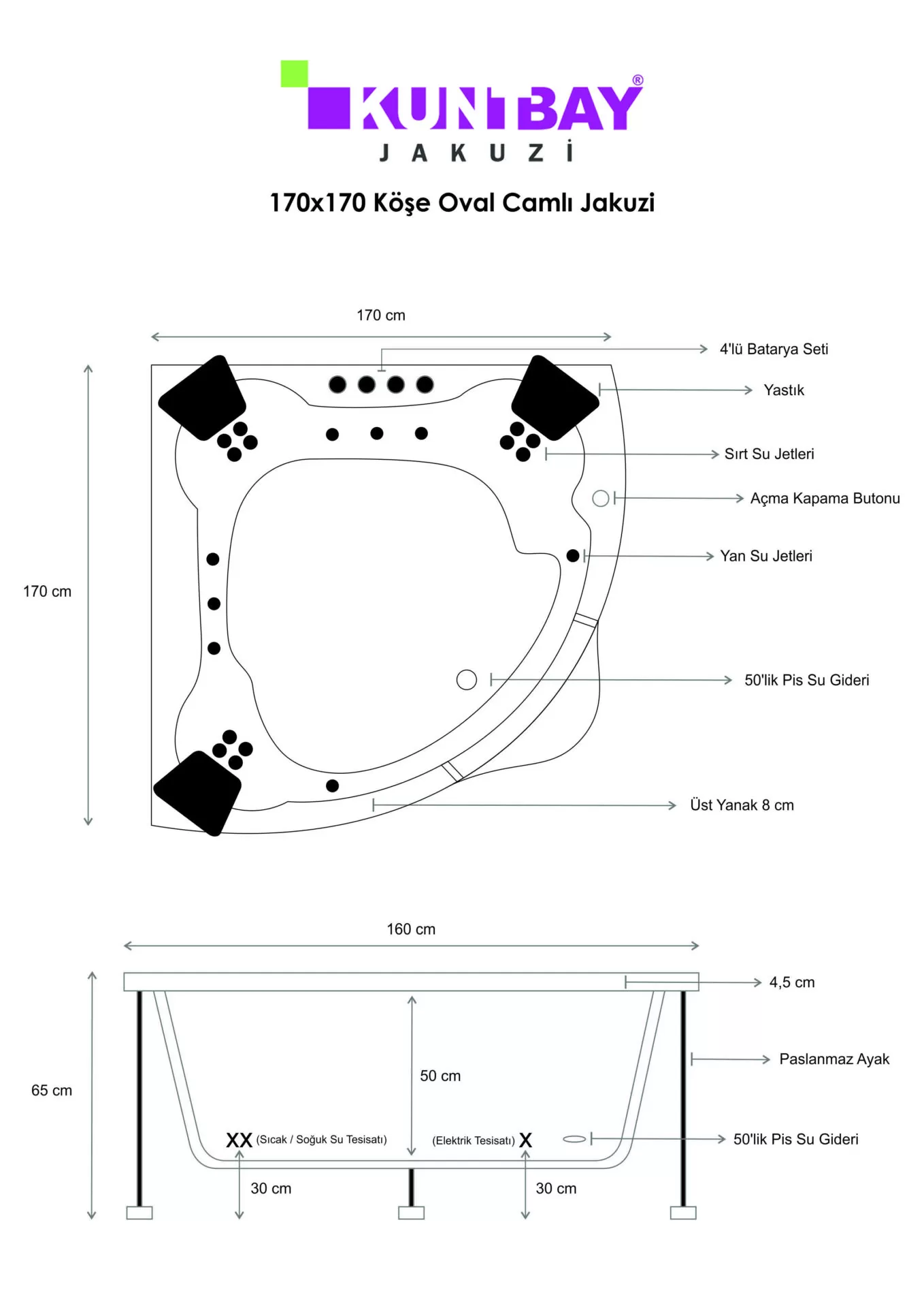 Köşe Oval Camlı Jakuzi 170 x 170 H 65