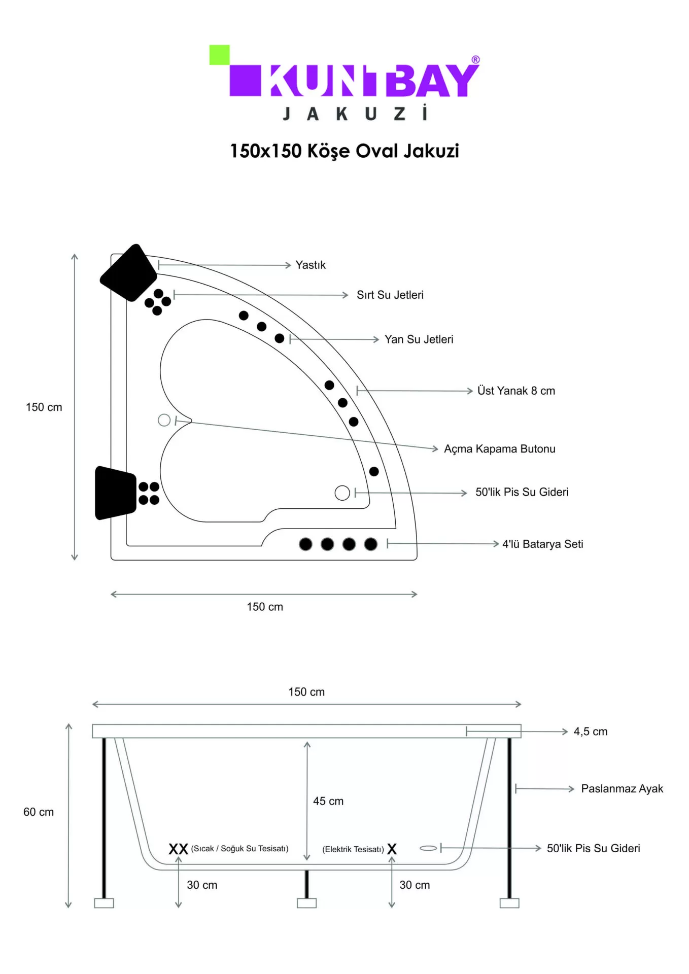 Köşe Oval Jakuzi 150 x 150 H 60